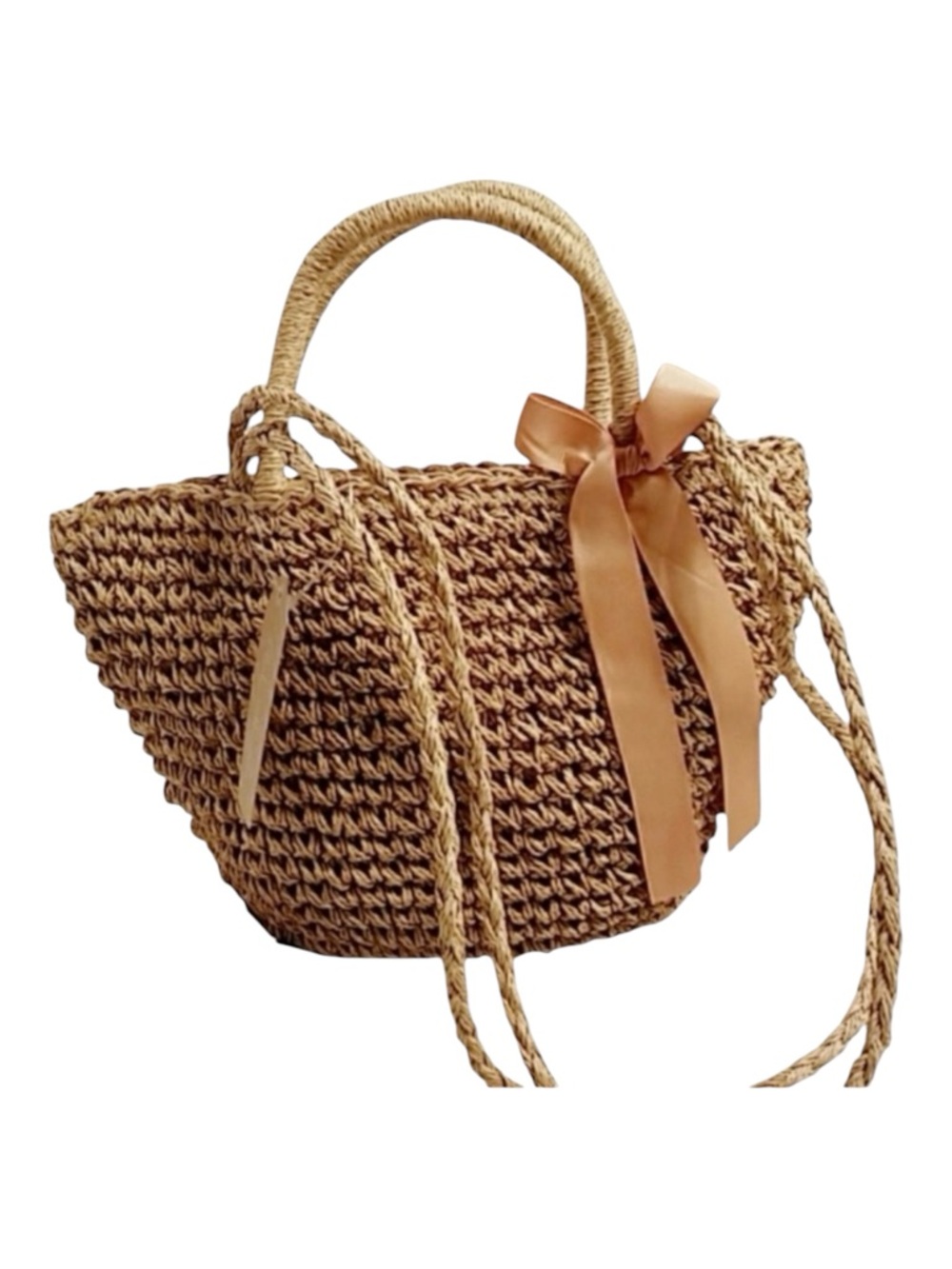 Tan Straw Ribbon Inside Drawstring Shoulder Bag with Top Handles